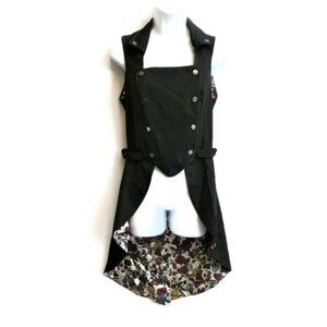 Hot Topic Tuxedo Coat Double Breasted Snaps Side Buckles Floral Tails Satin SM